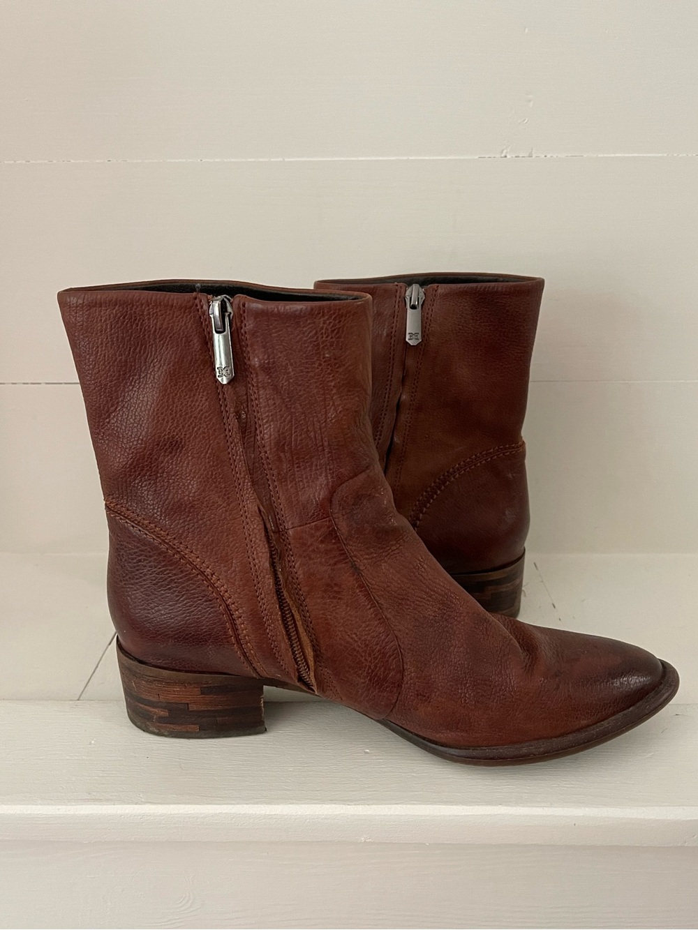 Sam Edelman Hilary Brown Leather Ankle Boots Pointed Toe Stacked Heel